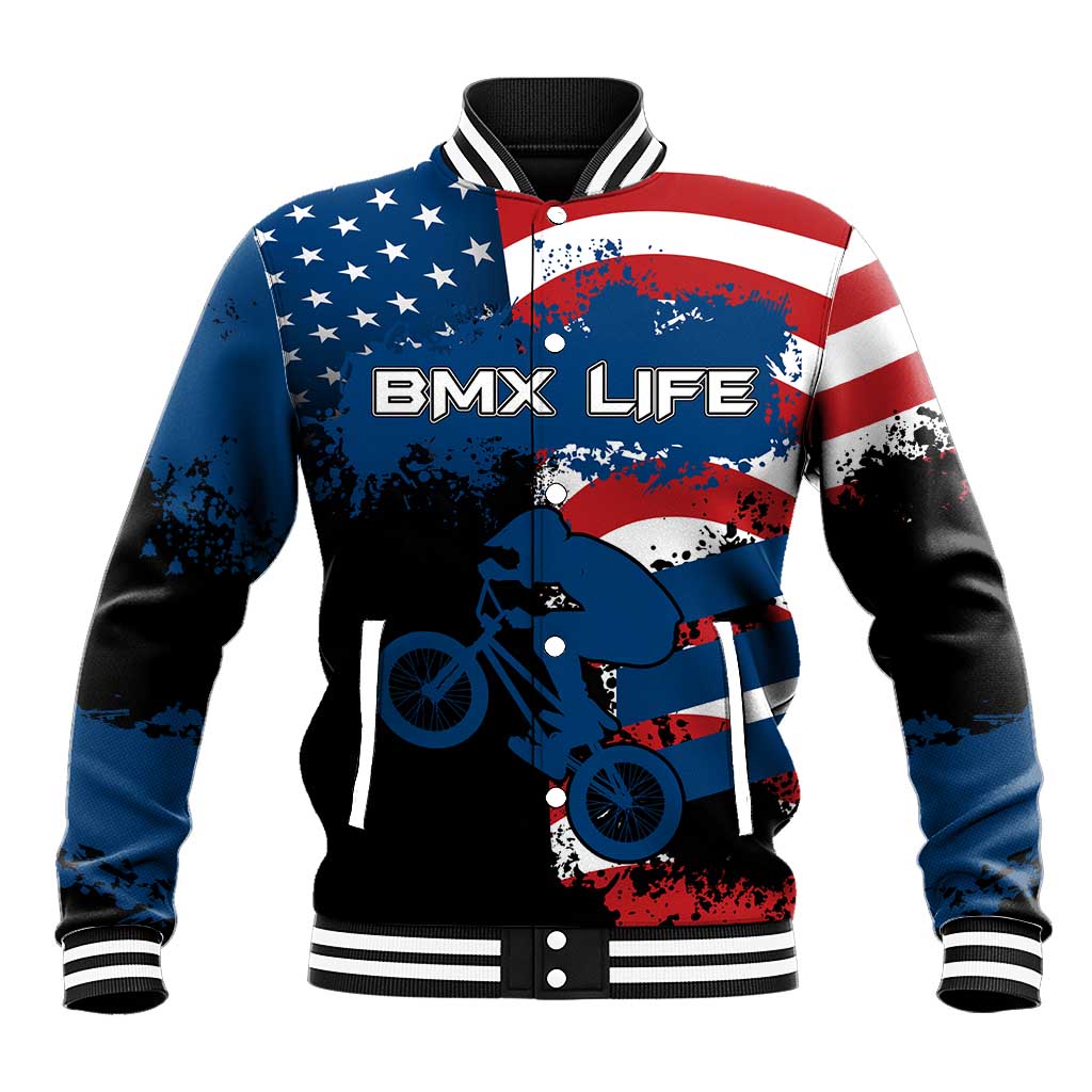 BMX Life Graphic Baseball Jacket with American Flag and Custom Rider Number Design - Wonder Print Shop