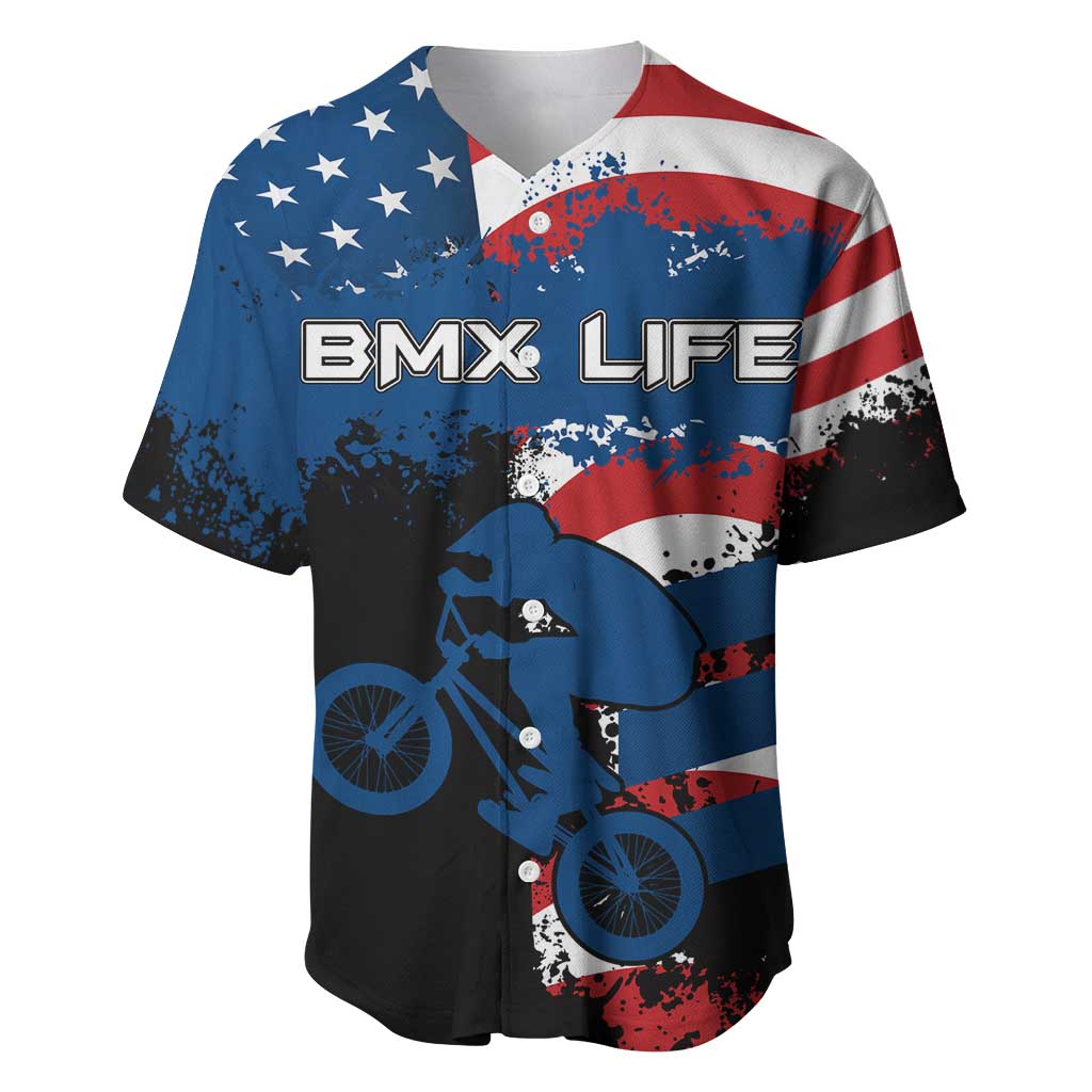 BMX Life Graphic Baseball Jersey with American Flag and Custom Rider Number Design - Wonder Print Shop