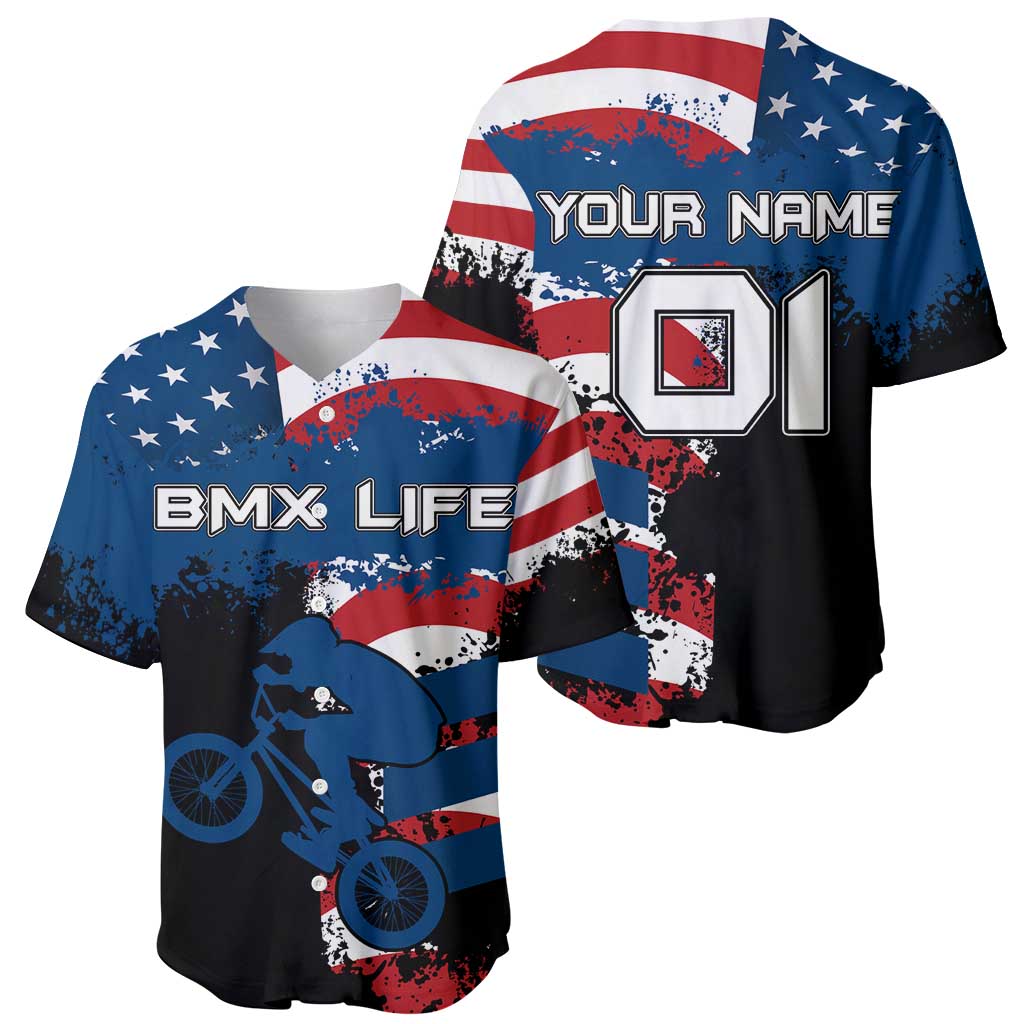 BMX Life Graphic Baseball Jersey with American Flag and Custom Rider Number Design - Wonder Print Shop