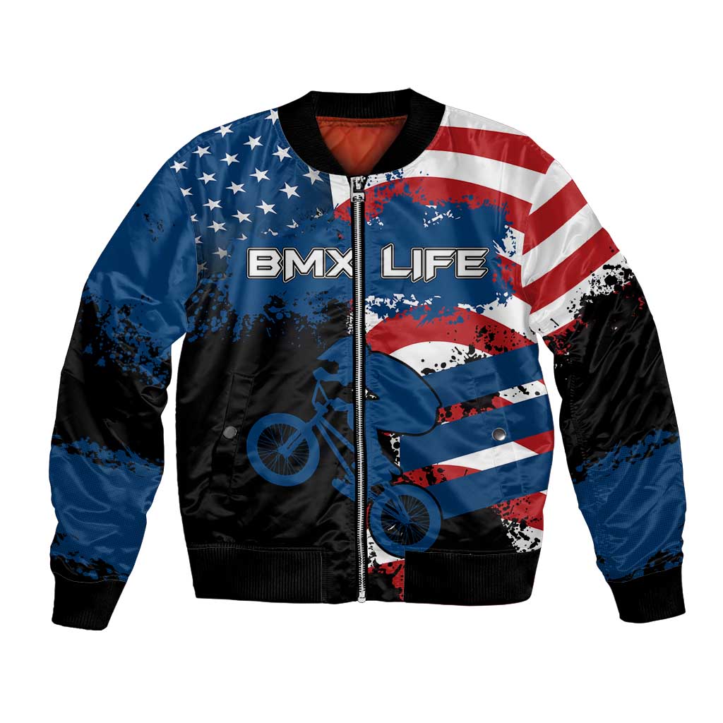 BMX Life Graphic Bomber Jacket with American Flag and Custom Rider Number Design - Wonder Print Shop