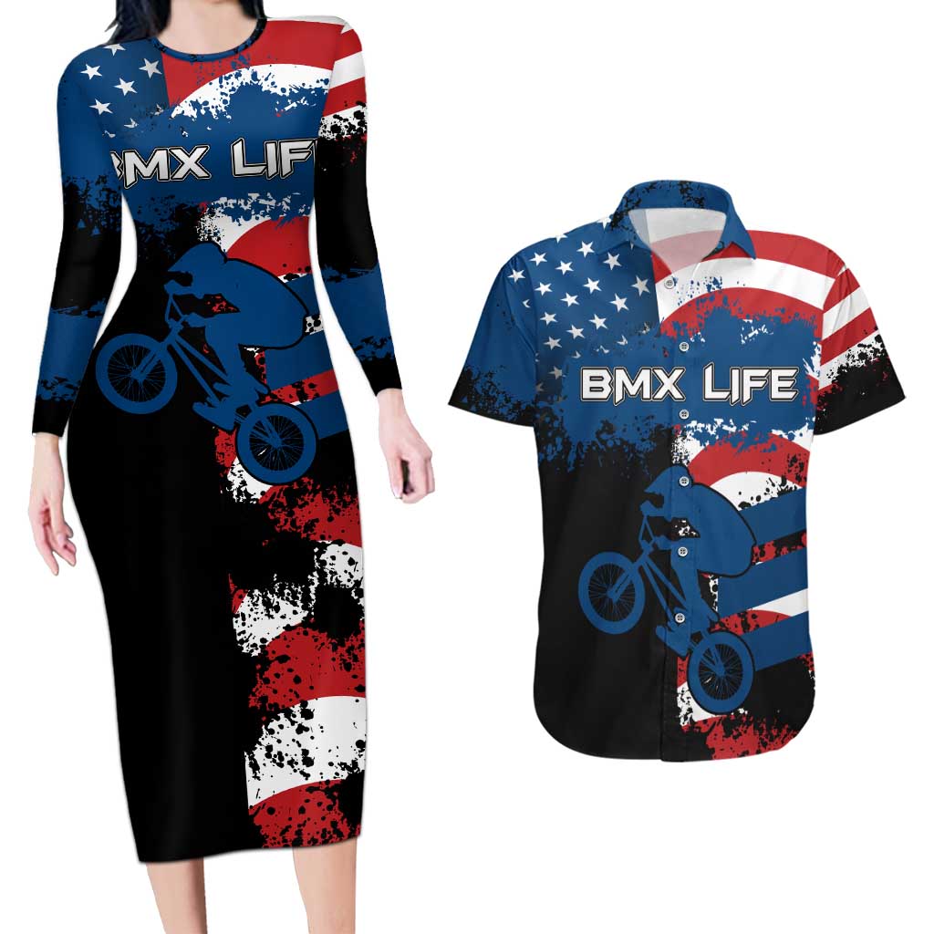 BMX Life Graphic Couples Matching Long Sleeve Bodycon Dress and Hawaiian Shirt with American Flag and Custom Rider Number Design - Wonder Print Shop