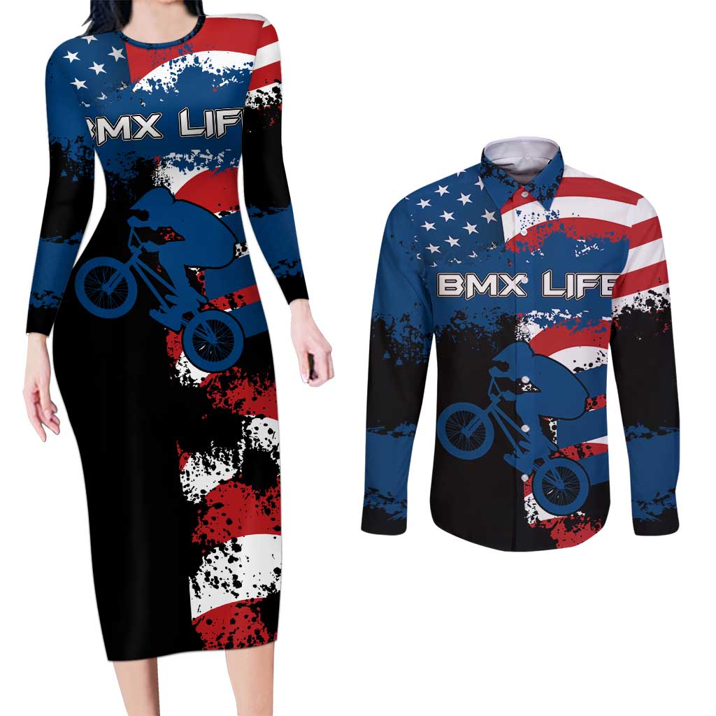 BMX Life Graphic Couples Matching Long Sleeve Bodycon Dress and Long Sleeve Button Shirt with American Flag and Custom Rider Number Design - Wonder Print Shop