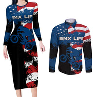 BMX Life Graphic Couples Matching Long Sleeve Bodycon Dress and Long Sleeve Button Shirt with American Flag and Custom Rider Number Design - Wonder Print Shop