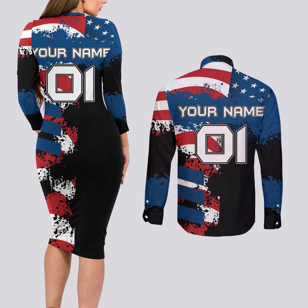 BMX Life Graphic Couples Matching Long Sleeve Bodycon Dress and Long Sleeve Button Shirt with American Flag and Custom Rider Number Design - Wonder Print Shop