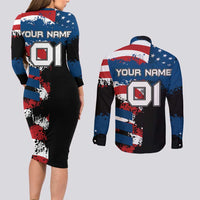BMX Life Graphic Couples Matching Long Sleeve Bodycon Dress and Long Sleeve Button Shirt with American Flag and Custom Rider Number Design - Wonder Print Shop