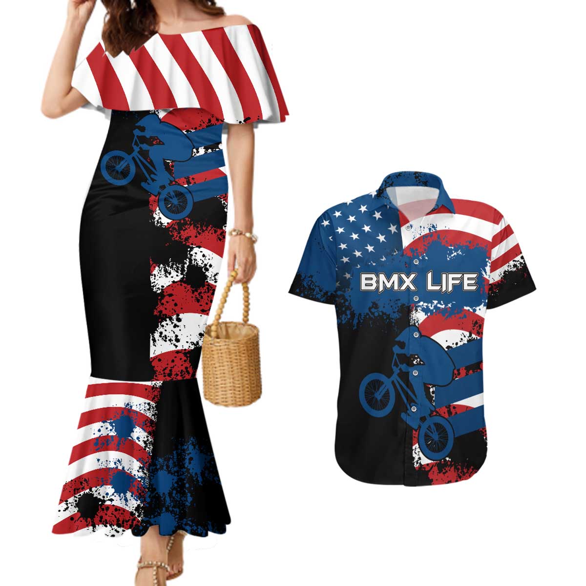 BMX Life Graphic Couples Matching Mermaid Dress and Hawaiian Shirt with American Flag and Custom Rider Number Design - Wonder Print Shop