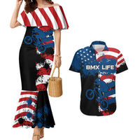 BMX Life Graphic Couples Matching Mermaid Dress and Hawaiian Shirt with American Flag and Custom Rider Number Design - Wonder Print Shop