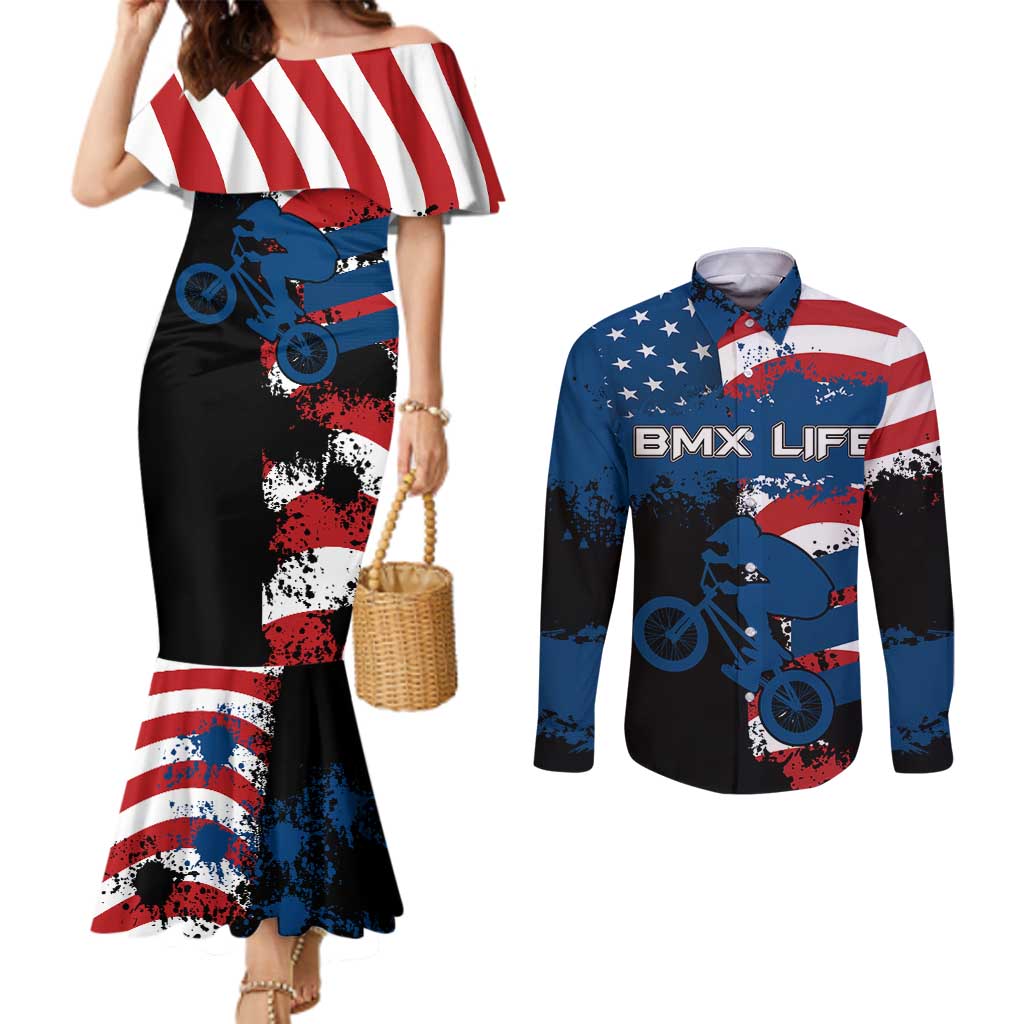 BMX Life Graphic Couples Matching Mermaid Dress and Long Sleeve Button Shirt with American Flag and Custom Rider Number Design - Wonder Print Shop