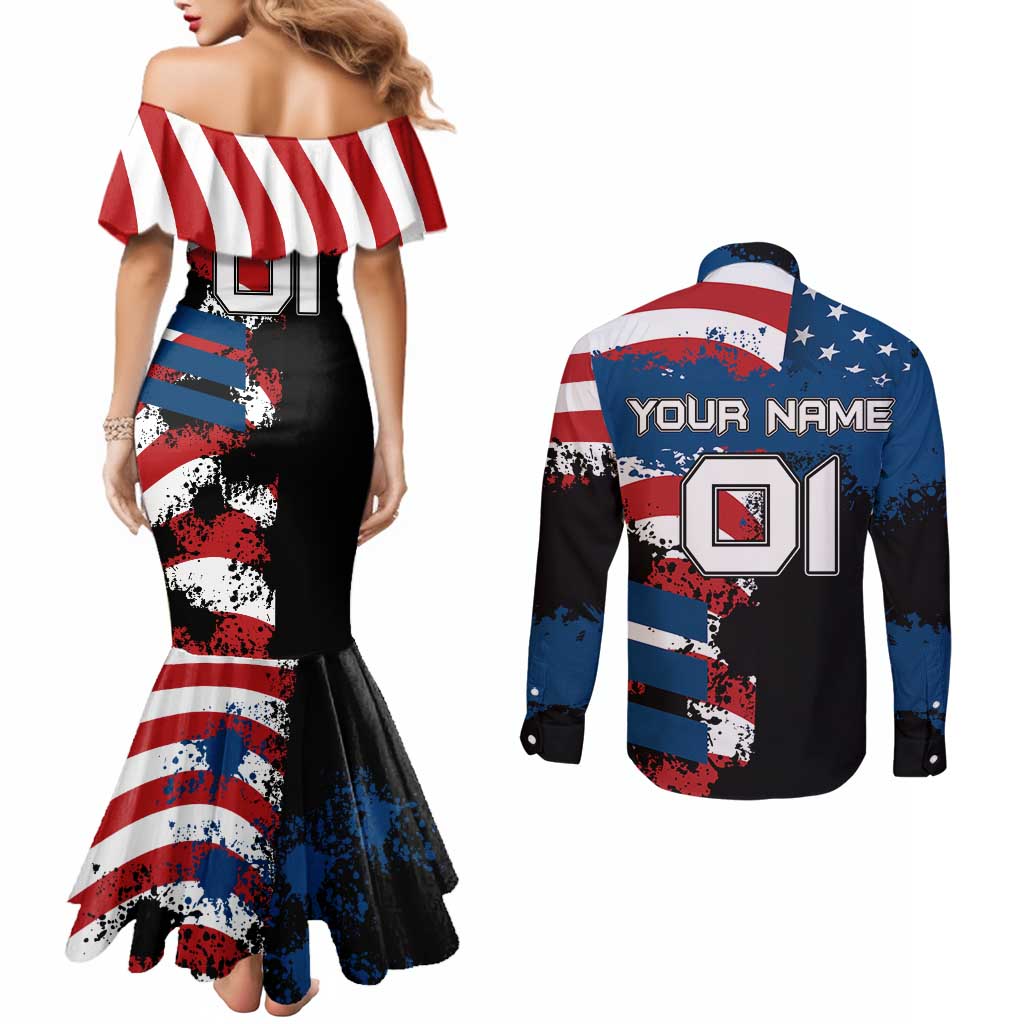 BMX Life Graphic Couples Matching Mermaid Dress and Long Sleeve Button Shirt with American Flag and Custom Rider Number Design - Wonder Print Shop