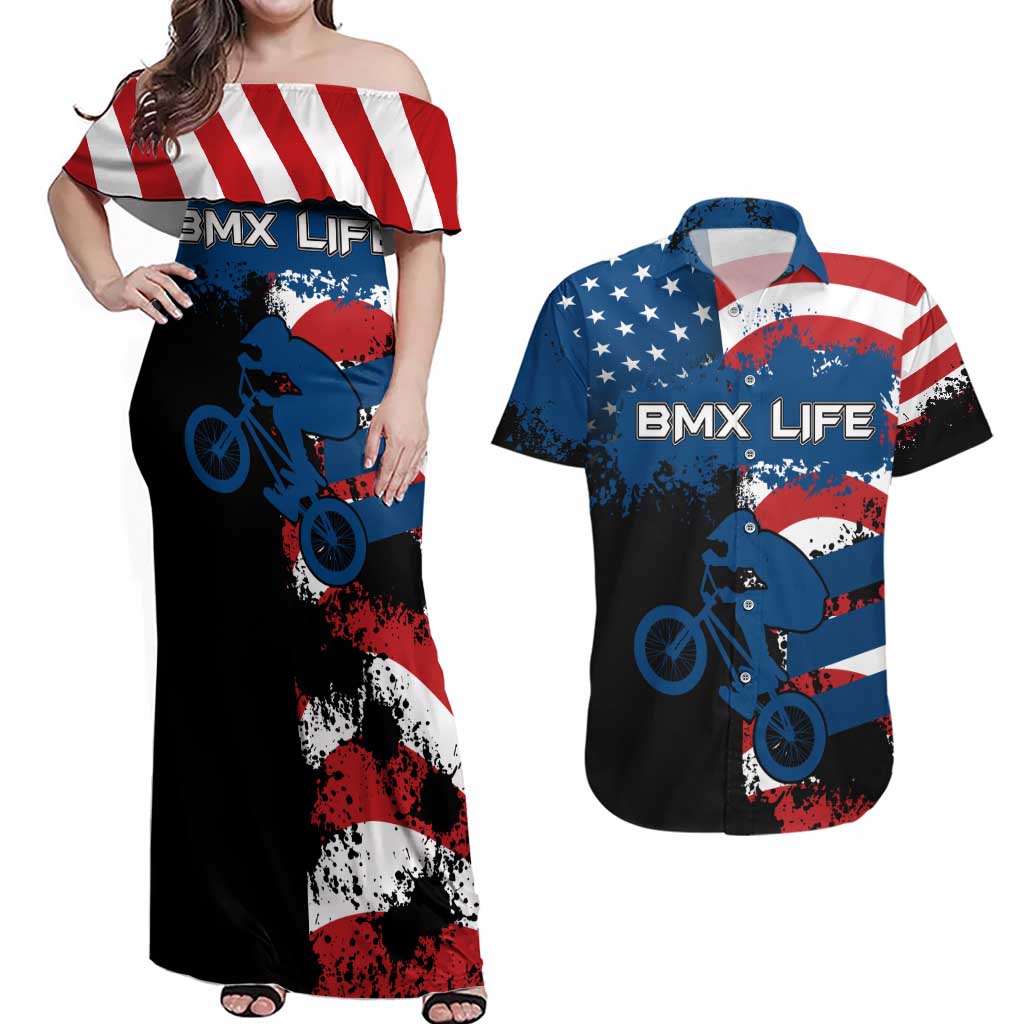 BMX Life Graphic Couples Matching Off Shoulder Maxi Dress and Hawaiian Shirt with American Flag and Custom Rider Number Design - Wonder Print Shop