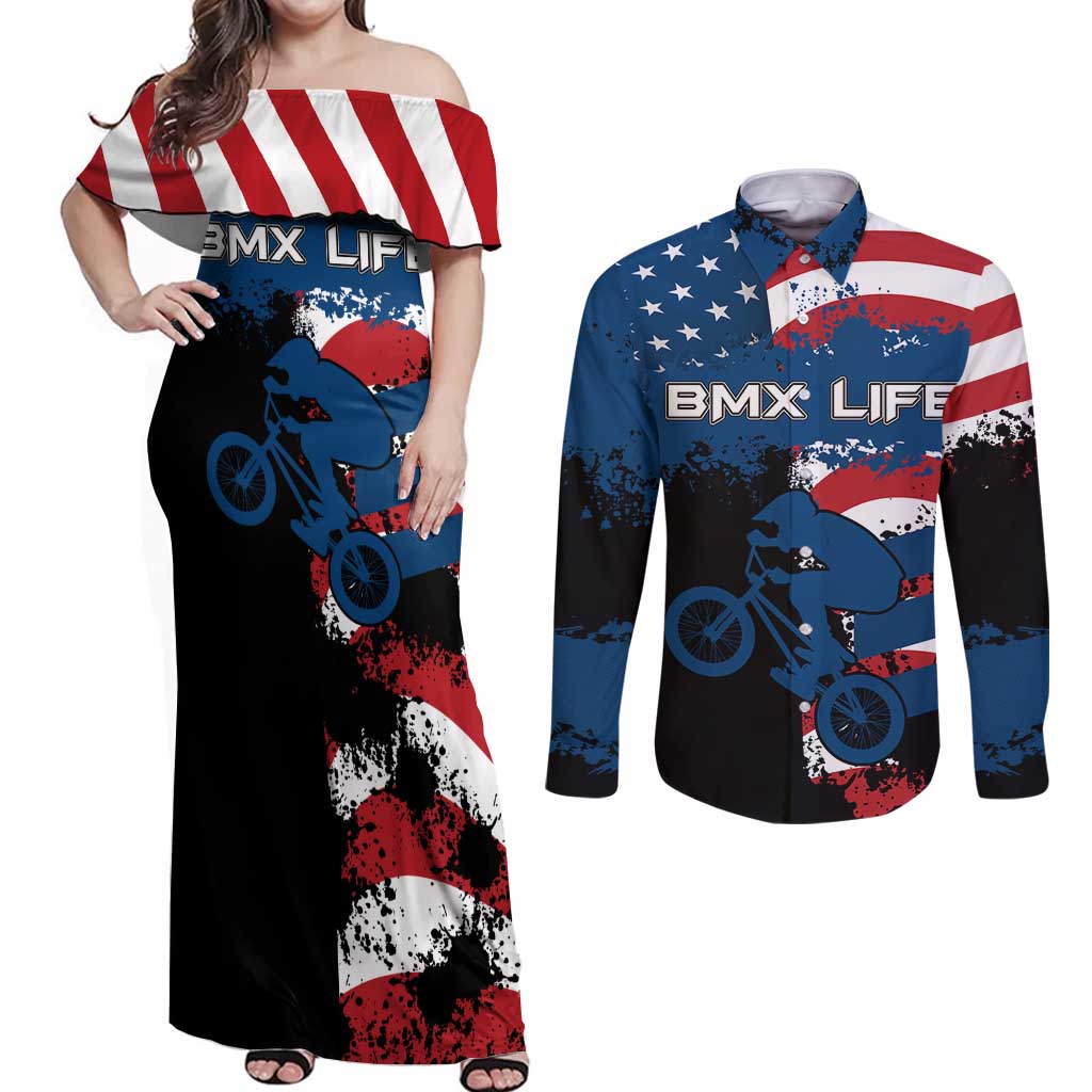 BMX Life Graphic Couples Matching Off Shoulder Maxi Dress and Long Sleeve Button Shirt with American Flag and Custom Rider Number Design - Wonder Print Shop