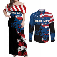 BMX Life Graphic Couples Matching Off Shoulder Maxi Dress and Long Sleeve Button Shirt with American Flag and Custom Rider Number Design - Wonder Print Shop
