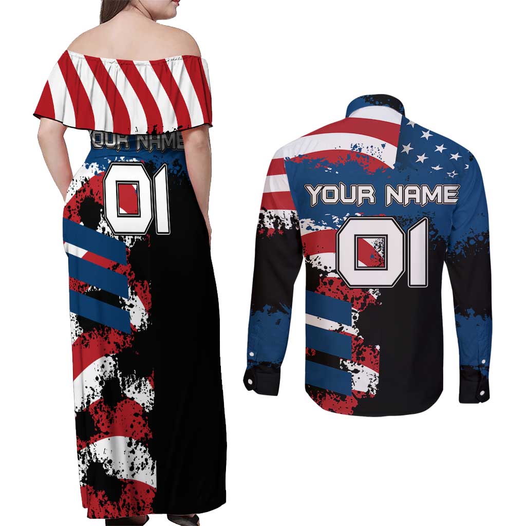 BMX Life Graphic Couples Matching Off Shoulder Maxi Dress and Long Sleeve Button Shirt with American Flag and Custom Rider Number Design - Wonder Print Shop