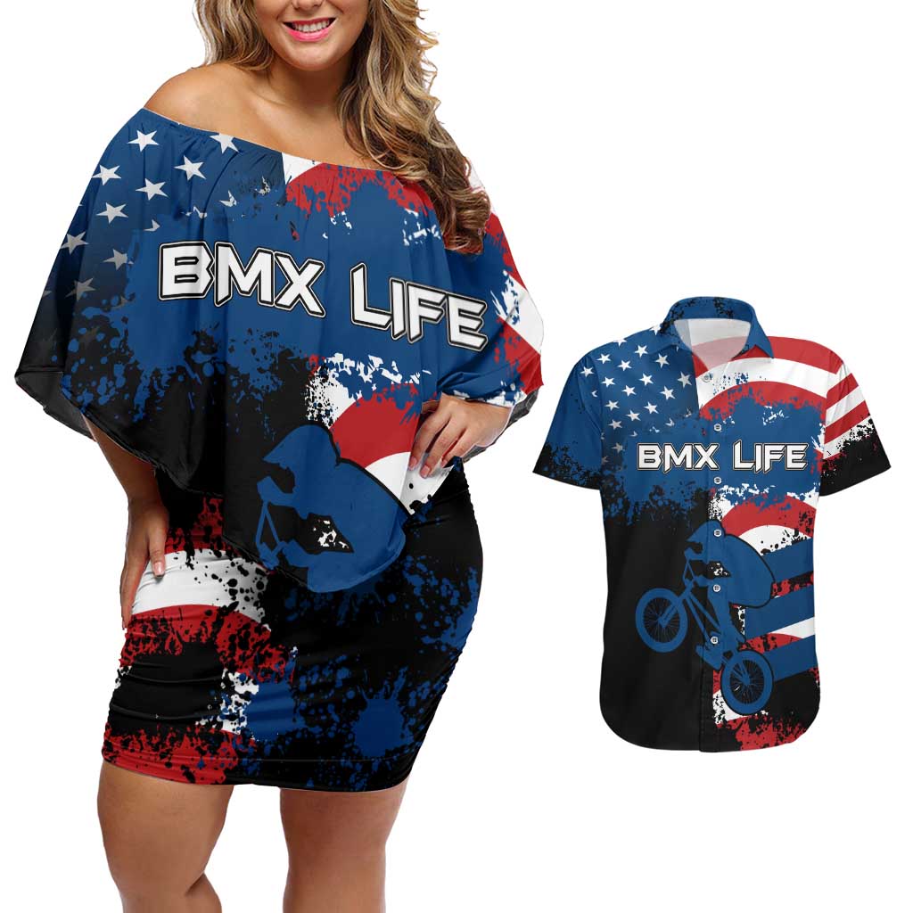BMX Life Graphic Couples Matching Off Shoulder Short Dress and Hawaiian Shirt with American Flag and Custom Rider Number Design - Wonder Print Shop
