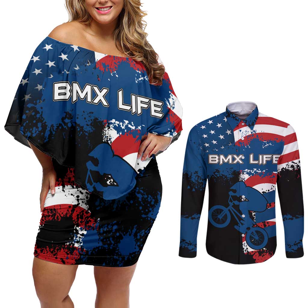BMX Life Graphic Couples Matching Off Shoulder Short Dress and Long Sleeve Button Shirt with American Flag and Custom Rider Number Design - Wonder Print Shop