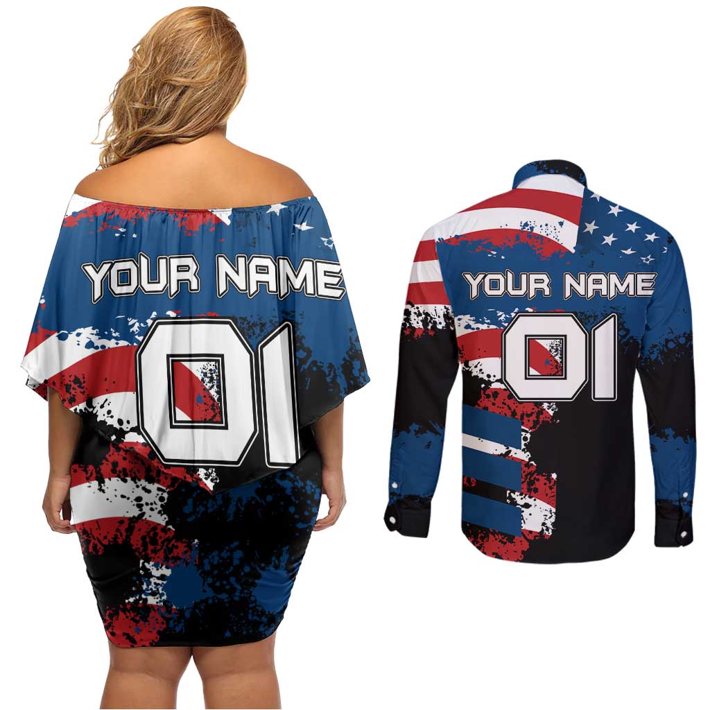BMX Life Graphic Couples Matching Off Shoulder Short Dress and Long Sleeve Button Shirt with American Flag and Custom Rider Number Design - Wonder Print Shop