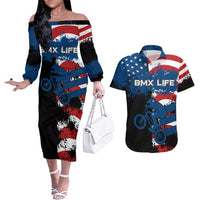 BMX Life Graphic Couples Matching Off The Shoulder Long Sleeve Dress and Hawaiian Shirt with American Flag and Custom Rider Number Design - Wonder Print Shop
