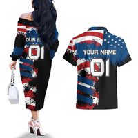 BMX Life Graphic Couples Matching Off The Shoulder Long Sleeve Dress and Hawaiian Shirt with American Flag and Custom Rider Number Design - Wonder Print Shop