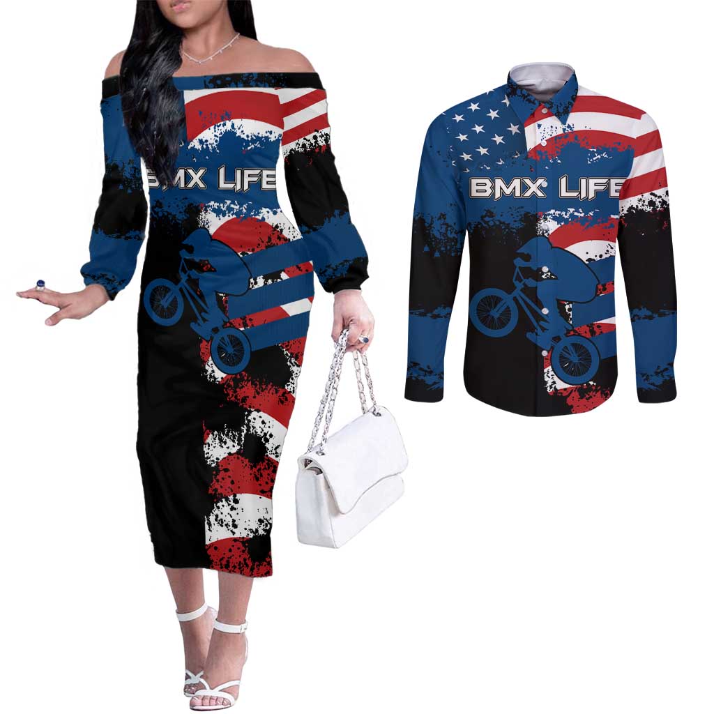 BMX Life Graphic Couples Matching Off The Shoulder Long Sleeve Dress and Long Sleeve Button Shirt with American Flag and Custom Rider Number Design - Wonder Print Shop