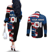 BMX Life Graphic Couples Matching Off The Shoulder Long Sleeve Dress and Long Sleeve Button Shirt with American Flag and Custom Rider Number Design - Wonder Print Shop