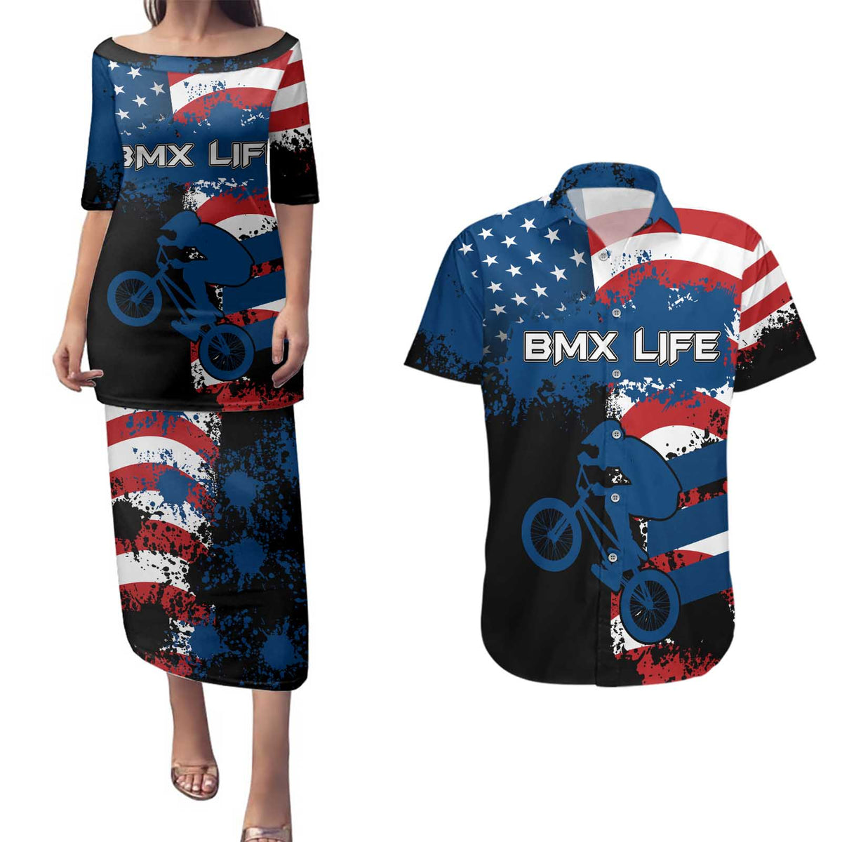 BMX Life Graphic Couples Matching Puletasi and Hawaiian Shirt with American Flag and Custom Rider Number Design - Wonder Print Shop