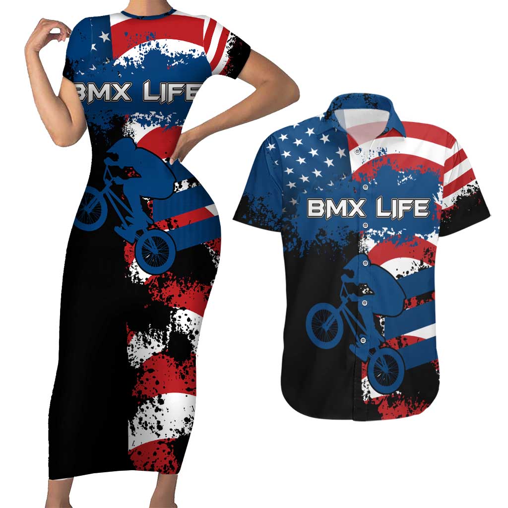 BMX Life Graphic Couples Matching Short Sleeve Bodycon Dress and Hawaiian Shirt with American Flag and Custom Rider Number Design - Wonder Print Shop