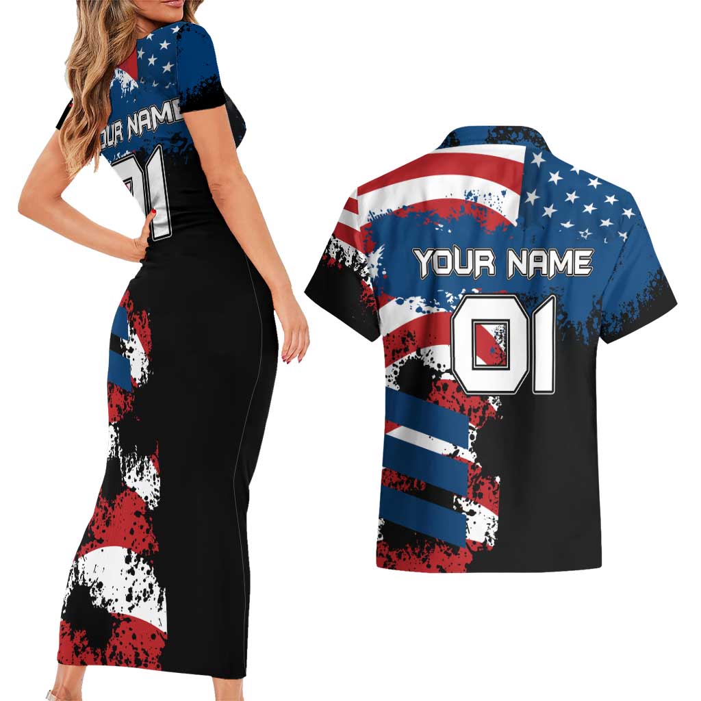 BMX Life Graphic Couples Matching Short Sleeve Bodycon Dress and Hawaiian Shirt with American Flag and Custom Rider Number Design - Wonder Print Shop