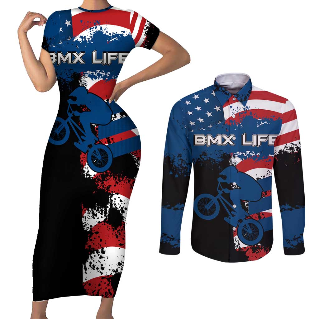 BMX Life Graphic Couples Matching Short Sleeve Bodycon Dress and Long Sleeve Button Shirt with American Flag and Custom Rider Number Design - Wonder Print Shop