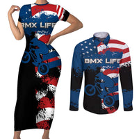 BMX Life Graphic Couples Matching Short Sleeve Bodycon Dress and Long Sleeve Button Shirt with American Flag and Custom Rider Number Design - Wonder Print Shop