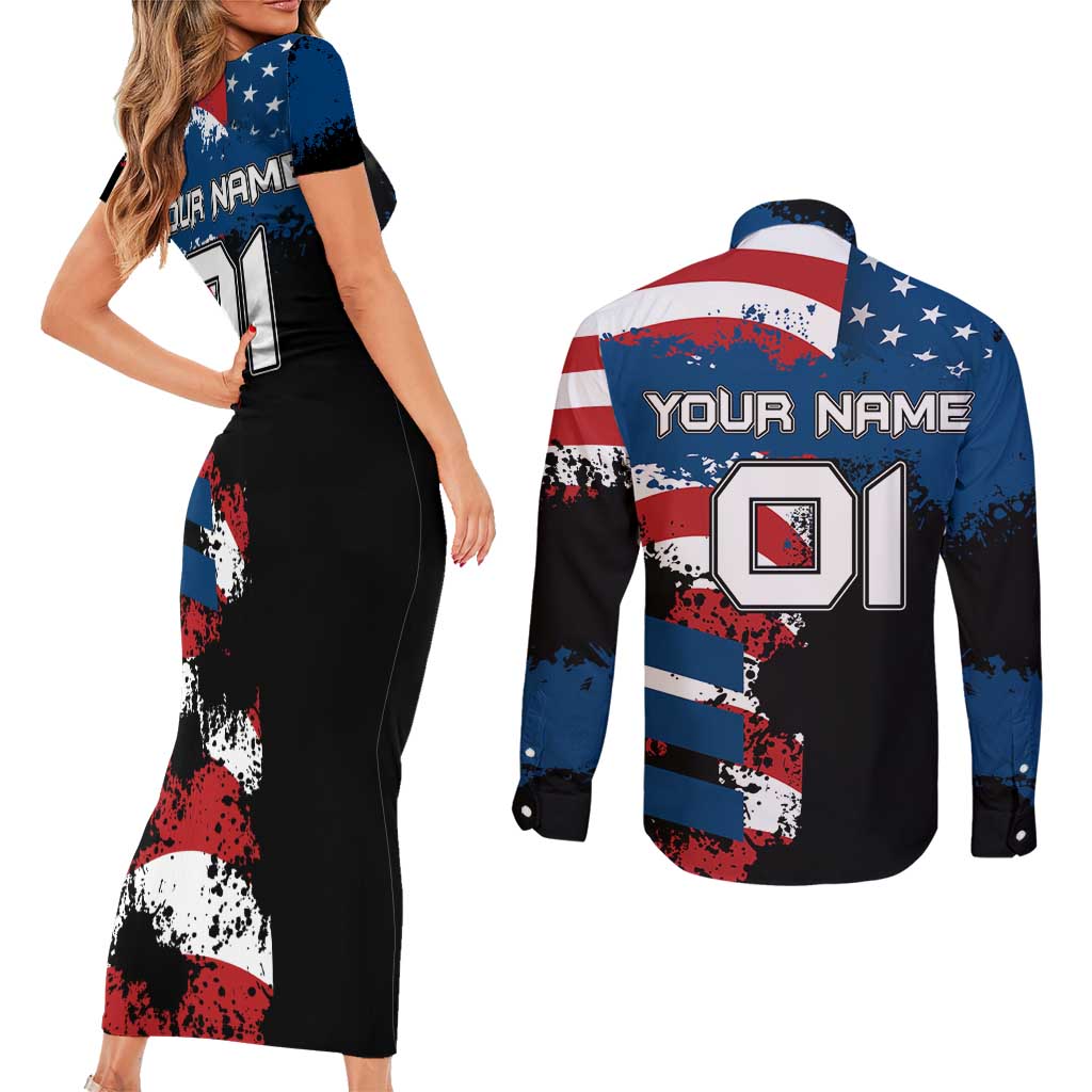 BMX Life Graphic Couples Matching Short Sleeve Bodycon Dress and Long Sleeve Button Shirt with American Flag and Custom Rider Number Design - Wonder Print Shop
