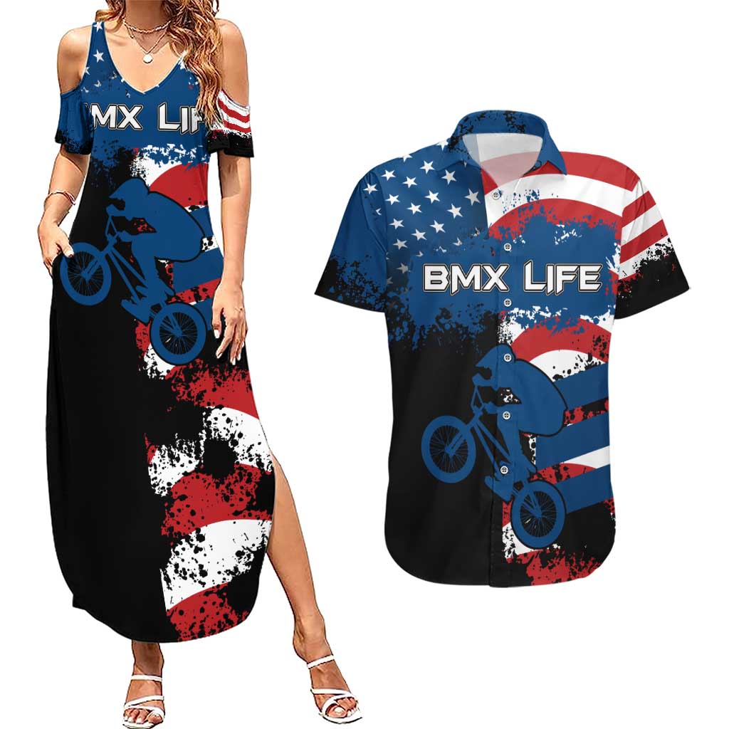 BMX Life Graphic Couples Matching Summer Maxi Dress and Hawaiian Shirt with American Flag and Custom Rider Number Design - Wonder Print Shop