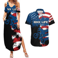 BMX Life Graphic Couples Matching Summer Maxi Dress and Hawaiian Shirt with American Flag and Custom Rider Number Design - Wonder Print Shop