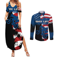 BMX Life Graphic Couples Matching Summer Maxi Dress and Long Sleeve Button Shirt with American Flag and Custom Rider Number Design - Wonder Print Shop