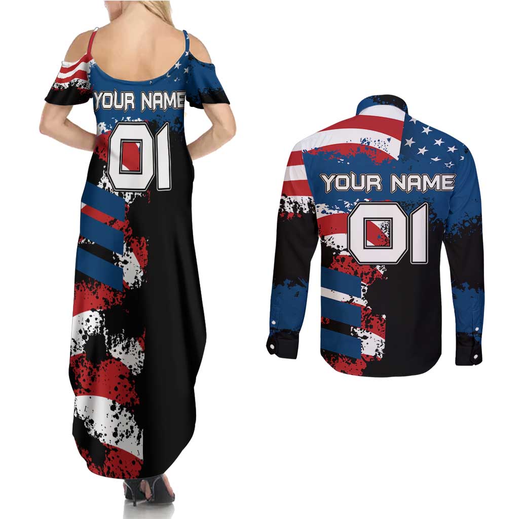 BMX Life Graphic Couples Matching Summer Maxi Dress and Long Sleeve Button Shirt with American Flag and Custom Rider Number Design - Wonder Print Shop