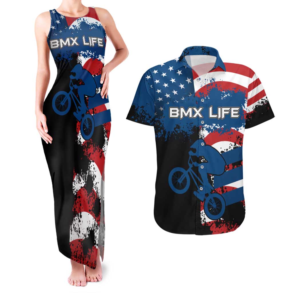 BMX Life Graphic Couples Matching Tank Maxi Dress and Hawaiian Shirt with American Flag and Custom Rider Number Design - Wonder Print Shop