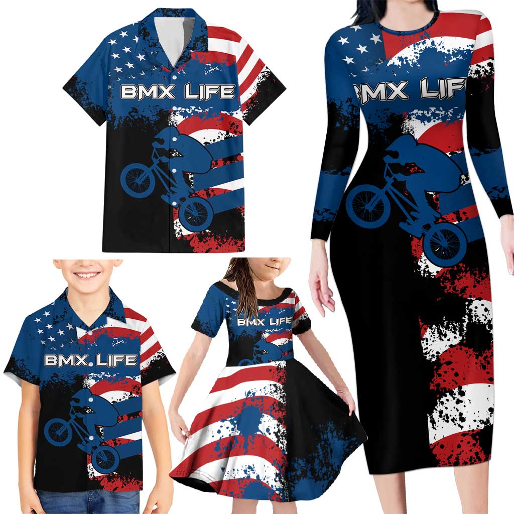 BMX Life Graphic Family Matching Long Sleeve Bodycon Dress and Hawaiian Shirt with American Flag and Custom Rider Number Design - Wonder Print Shop