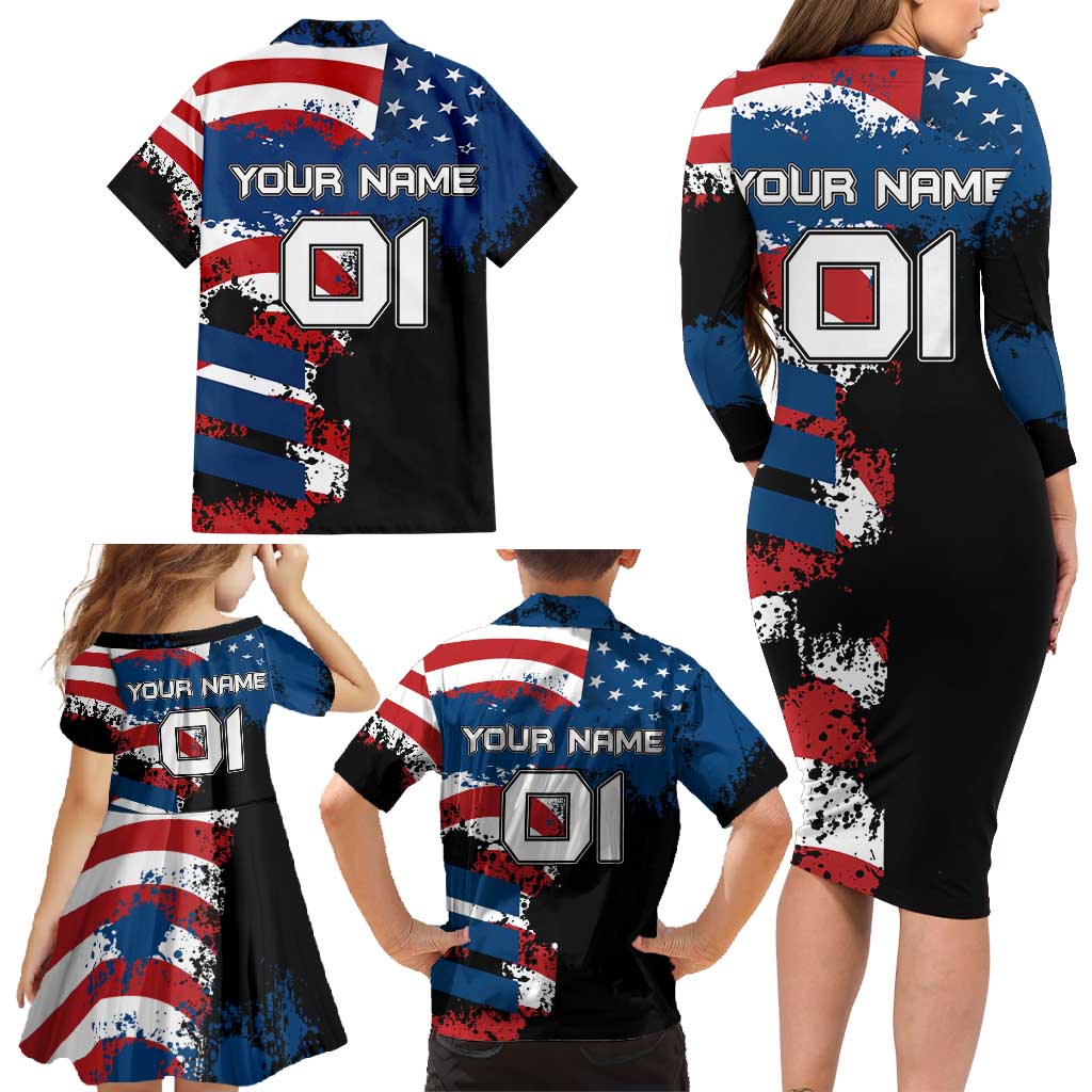 BMX Life Graphic Family Matching Long Sleeve Bodycon Dress and Hawaiian Shirt with American Flag and Custom Rider Number Design - Wonder Print Shop