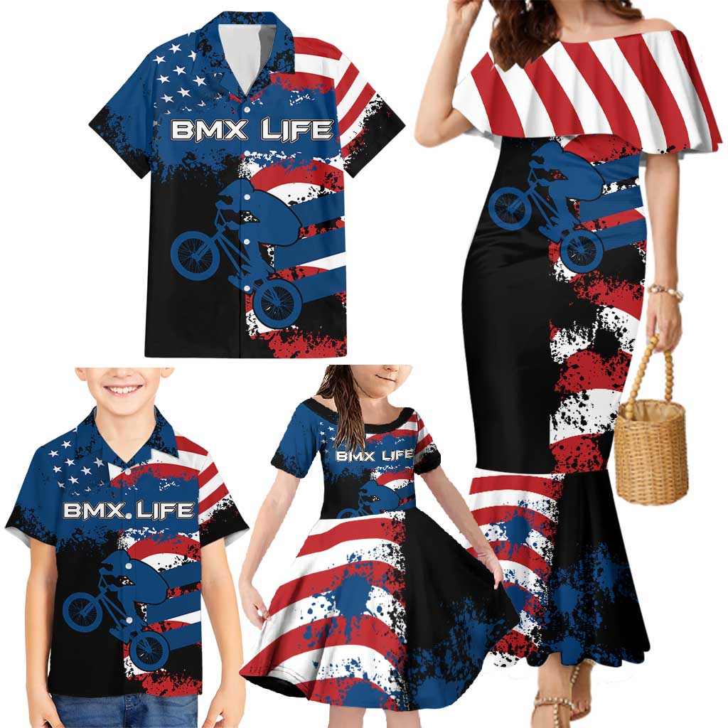 BMX Life Graphic Family Matching Mermaid Dress and Hawaiian Shirt with American Flag and Custom Rider Number Design - Wonder Print Shop