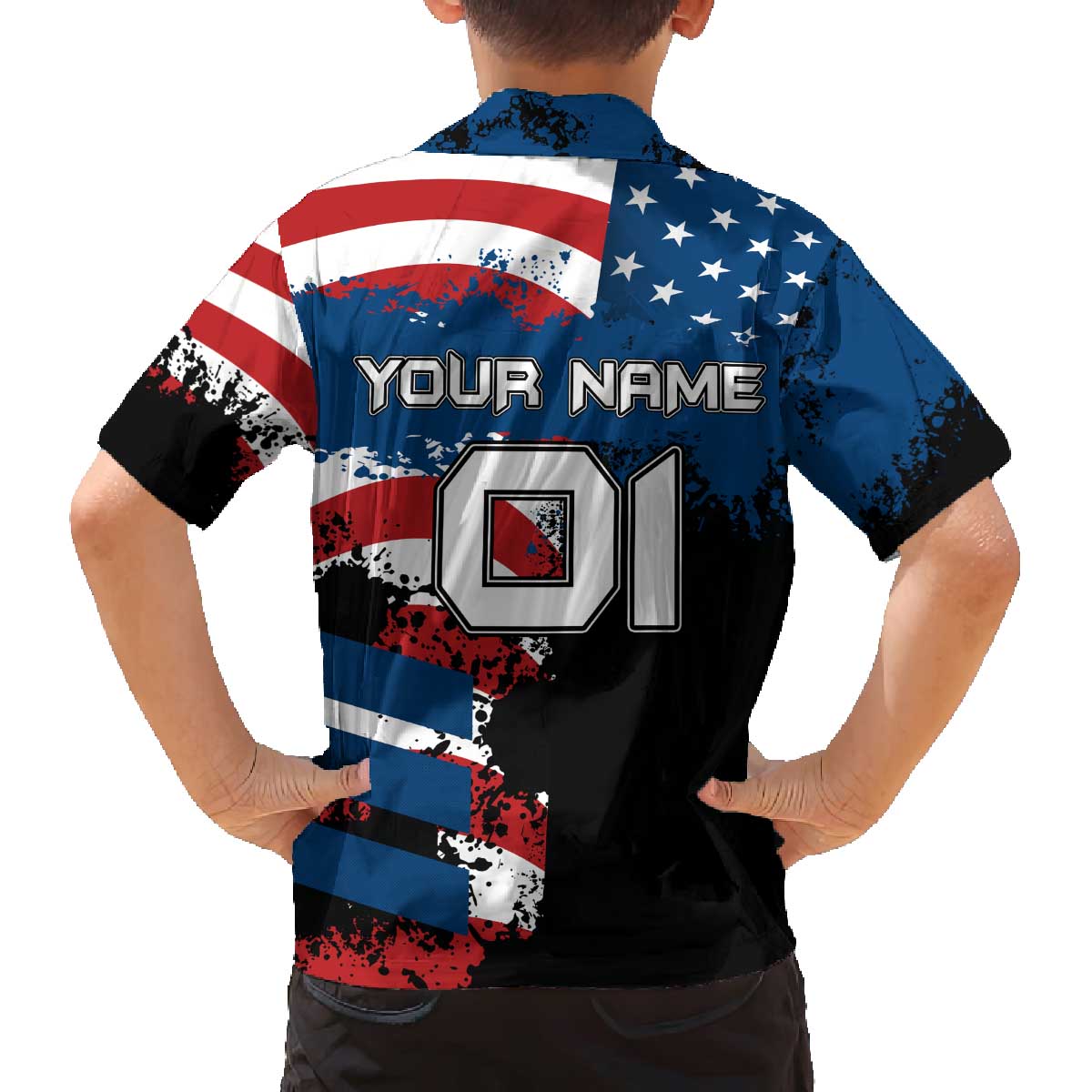 BMX Life Graphic Family Matching Off The Shoulder Long Sleeve Dress and Hawaiian Shirt with American Flag and Custom Rider Number Design - Wonder Print Shop