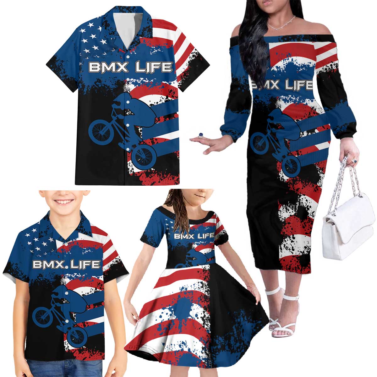 BMX Life Graphic Family Matching Off The Shoulder Long Sleeve Dress and Hawaiian Shirt with American Flag and Custom Rider Number Design - Wonder Print Shop