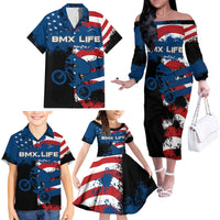 BMX Life Graphic Family Matching Off The Shoulder Long Sleeve Dress and Hawaiian Shirt with American Flag and Custom Rider Number Design - Wonder Print Shop