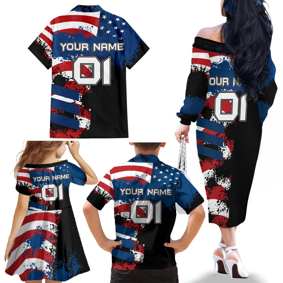 BMX Life Graphic Family Matching Off The Shoulder Long Sleeve Dress and Hawaiian Shirt with American Flag and Custom Rider Number Design - Wonder Print Shop