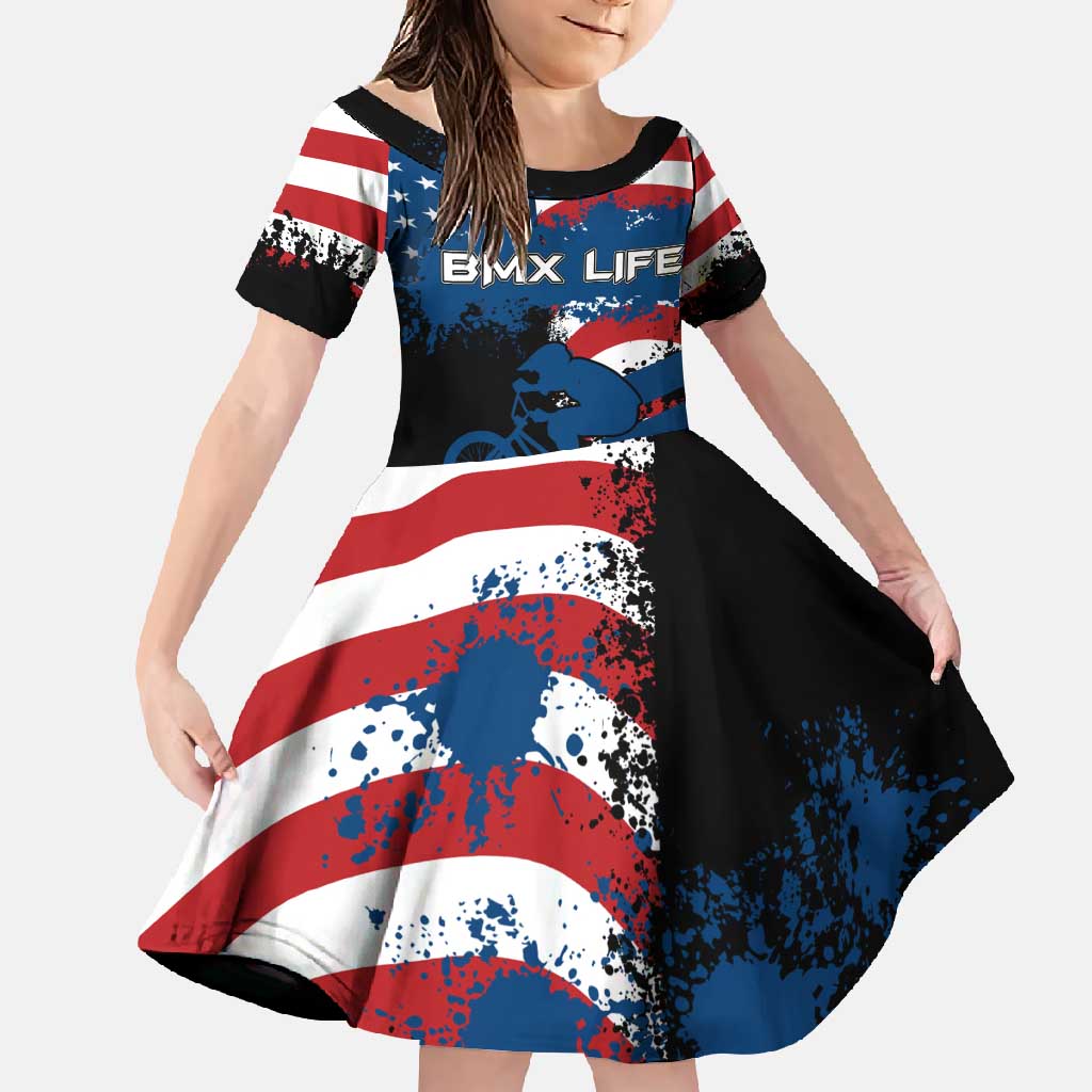BMX Life Graphic Family Matching Off Shoulder Maxi Dress and Hawaiian Shirt with American Flag and Custom Rider Number Design - Wonder Print Shop