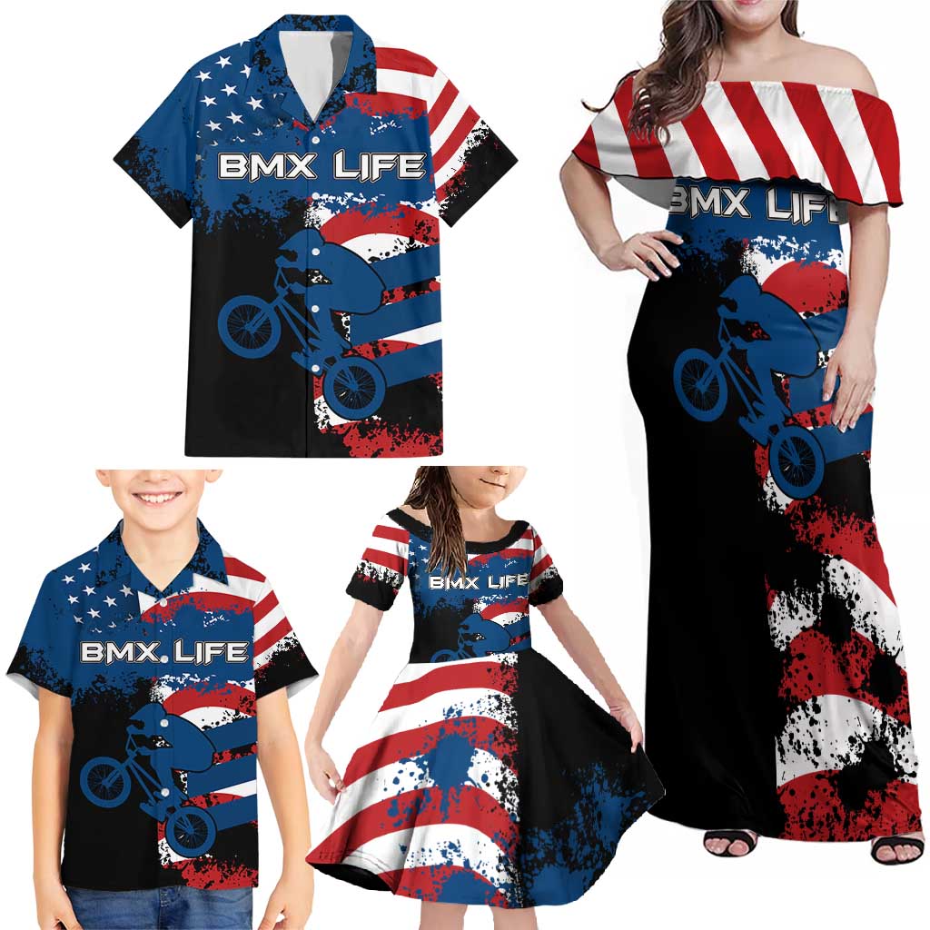 BMX Life Graphic Family Matching Off Shoulder Maxi Dress and Hawaiian Shirt with American Flag and Custom Rider Number Design - Wonder Print Shop