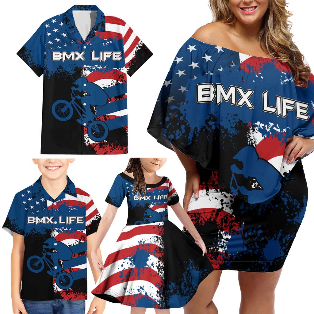 BMX Life Graphic Family Matching Off Shoulder Short Dress and Hawaiian Shirt with American Flag and Custom Rider Number Design - Wonder Print Shop