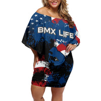BMX Life Graphic Family Matching Off Shoulder Short Dress and Hawaiian Shirt with American Flag and Custom Rider Number Design - Wonder Print Shop