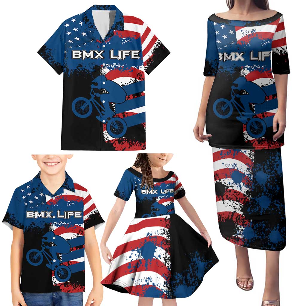 BMX Life Graphic Family Matching Puletasi and Hawaiian Shirt with American Flag and Custom Rider Number Design - Wonder Print Shop
