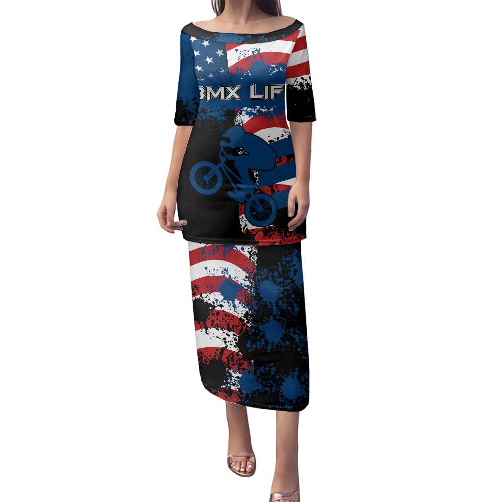 BMX Life Graphic Family Matching Puletasi and Hawaiian Shirt with American Flag and Custom Rider Number Design - Wonder Print Shop