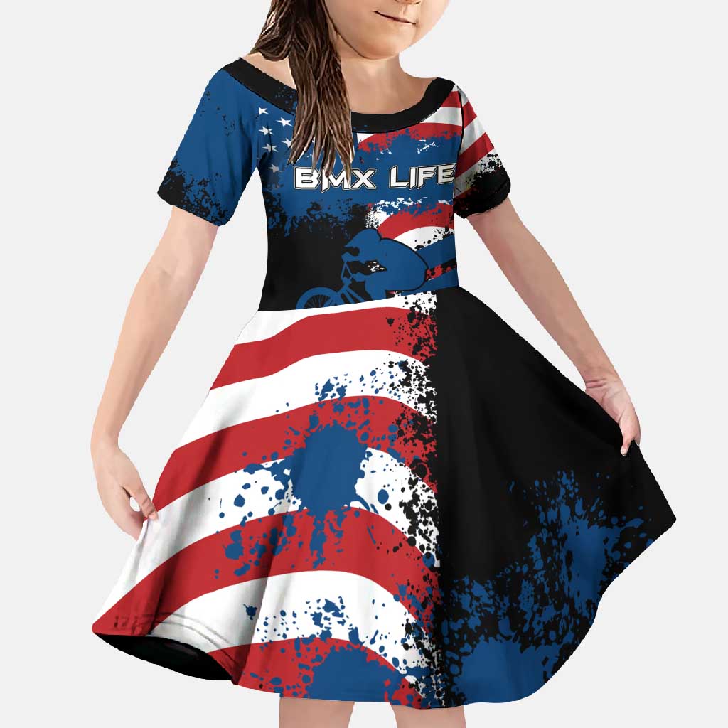 BMX Life Graphic Family Matching Short Sleeve Bodycon Dress and Hawaiian Shirt with American Flag and Custom Rider Number Design - Wonder Print Shop