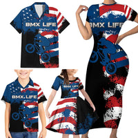 BMX Life Graphic Family Matching Short Sleeve Bodycon Dress and Hawaiian Shirt with American Flag and Custom Rider Number Design - Wonder Print Shop